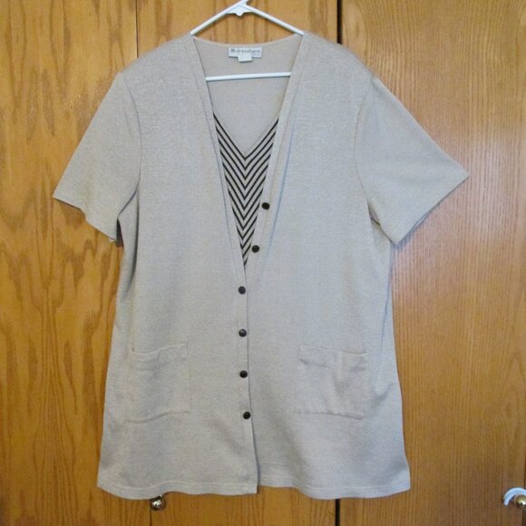 DRESSBARN WOMEN'S SIZE 24 W TOP TAN BLACK TUNIC JACKET SS MOCK LAYER STRIPE - Picture 3 of 9